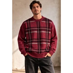 VTG 90s Geoffrey Beene Plaid Knit sweater Mens XL Burgundy Grandpa Dark Academia